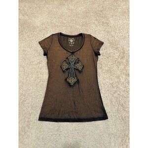 Velvet Stone Women's Rhinestone Cross T-Shirt Size Small Brown Wash Grunge Y2K